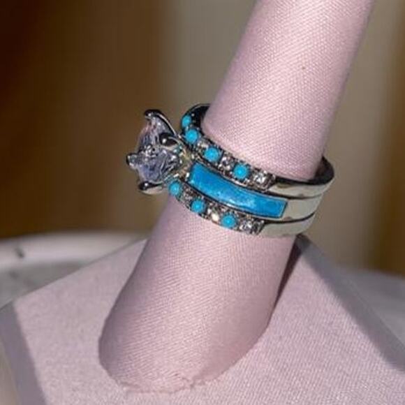 New 3-ring set Sz 6 Silver Turquoise Solitaire Band Stone Native Layered - Picture 3 of 8